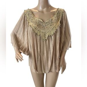 Willow & Clay Beaded Poncho Sheer Beige Pleated